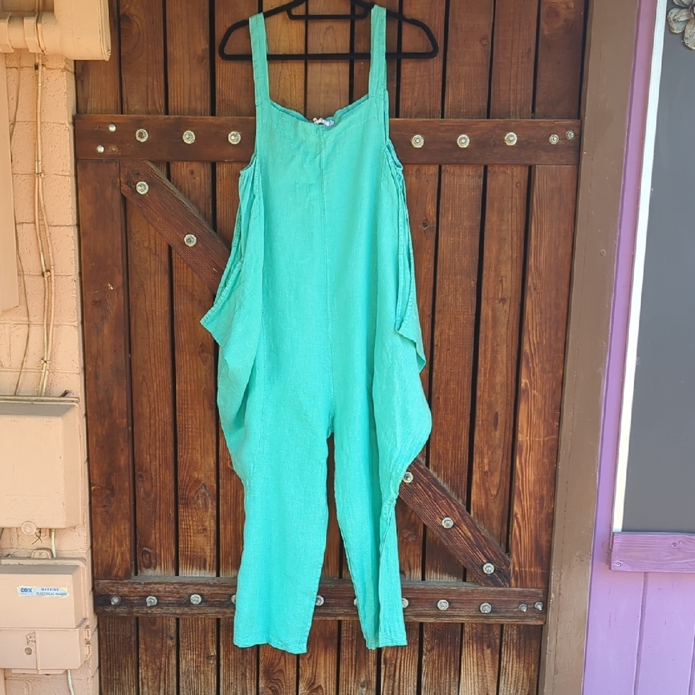 Made In Italy Aqua Green Linen Jumpsuit